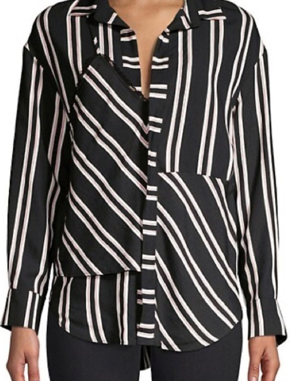 Maje Larencia Black White Diagonal Stripe Layered Trompe Collared Shirt sz 1 / S